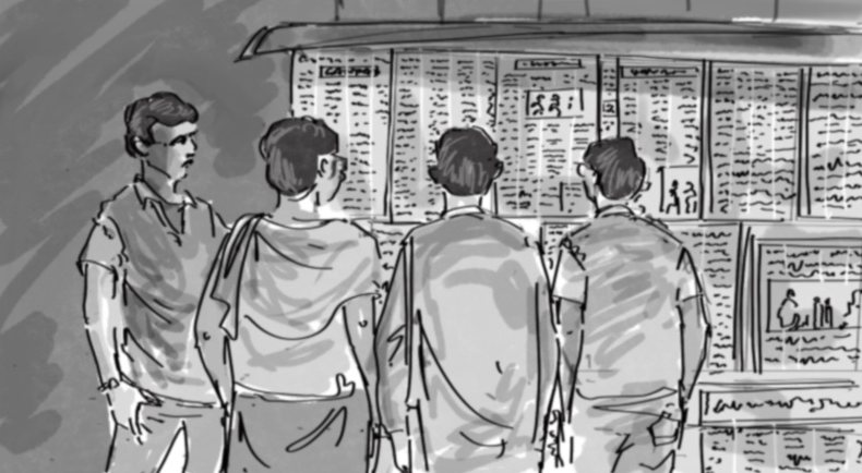 Storyboard sketch: men reading newspapers pasted on a public board