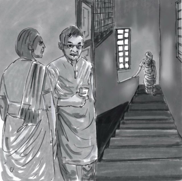 Storyboard sketch: a couple in a hallway as a figure descends the stairs